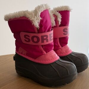 Sorel Hot Pink and Black Kids Winter Boots with Faux Fur Trim